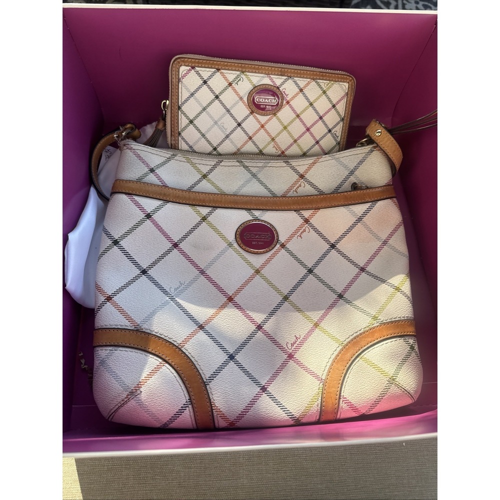 Coach Plaid Multicolor Signature Leather Tote w/Matching Wallet